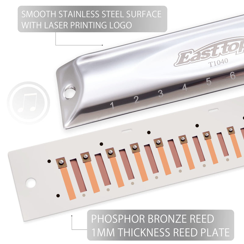 [AUSTRALIA] - Chromatic Harmonica Key of C,10 Holes 40 Tones Professional Mouth Organ with Slide for Beginners Adults, Professionals and Students by East top as a gift silver-40 