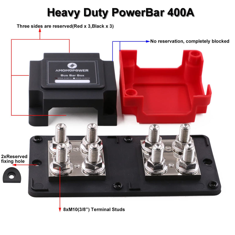 Heavy Duty Bus Bar Copper 48V 400A Busbar 8X3/8 Posts Battery Distribution | Gloaso 12V 24V DC Terminals Power Junction Buss Bar 400 Amp for Car RV Marine Solar PV Boat Trucks Camper Vehicle, Red&Black 400A- 8x3/8" (M10)- Black&Red