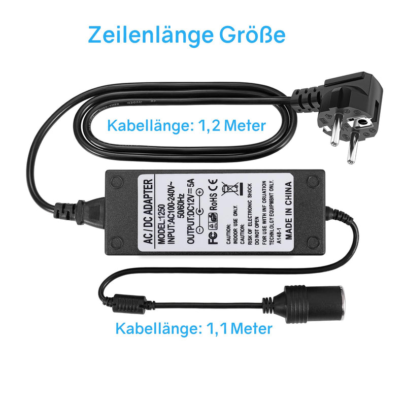 Powice Voltage Converter 230 V to 12 V, Adapter Cigarette Lighter Socket 5 A 60 W, Adapter 12 V to 230 V Suitable for Car Cool Box, Vacuum Cleaner Cigarette Lighter Car Fan Humidifier