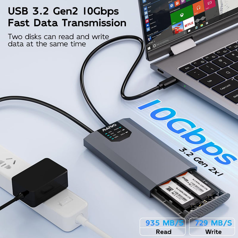 MAIWO Dual-Bay M.2 SSD Enclosure Cloner for NVMe & SATA, USB3.2 GEN2X2 10Gbps M.2 Duplicator Supports Bidirectional Offline Clone for SSDs Sizes 2230/2242/2260/2280