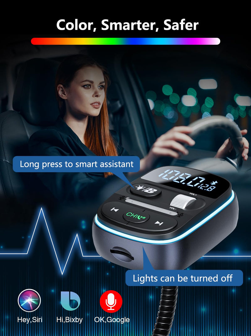 [AUSTRALIA] - LENCENT Bluetooth FM Transmitter PD 30W, Bluetooth Car Adapter with QC3.0 Fast Charger, Hi-Fi Bass Music, Wireless Radio Receiver Hands-Free Calling, [Color Light] 