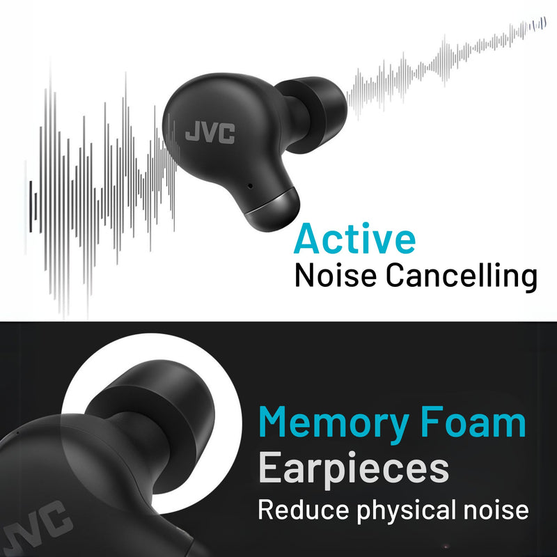 JVC Active Noise Cancelling True Wireless Earbuds - Bluetooth 5.3 with ANC - Comfortable Fit with S/M/L Silicon & Memory Foam Earpieces - IPX4 Water Resistant - 28 Hrs Playback - Compact Charging Case Black