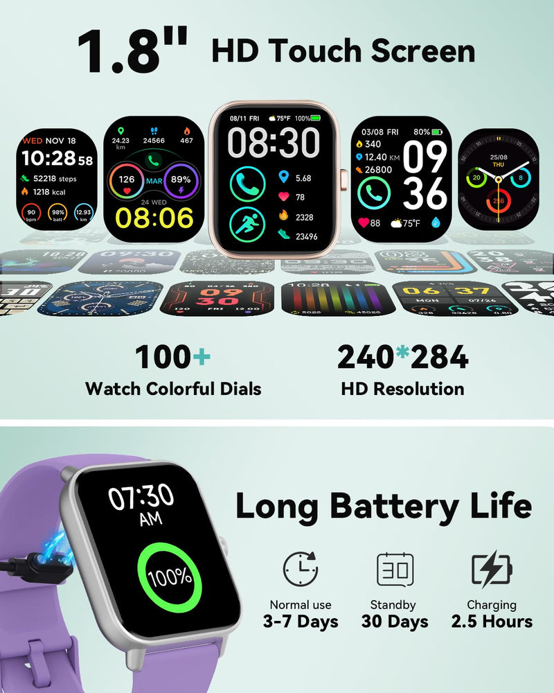 Quican Smart Watch for Women Men, Bluetooth Call Fitness Smartwatch for Women/Men,Compatible Android iOS, Ideas Gift on Christmas, New Year IDW19 Black and Purple