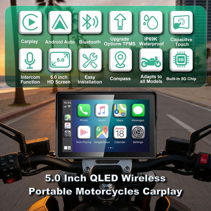 2026 YZW GPS Carplay 5 inch for Motorcycle with Wireless CarPlay & Android Auto, IP69K Waterproof Touch Screen, GPS Navigation, Supports Bluetooth, Siri/Google Voice Control, Custom Boot Logo, Bracket 5 Inch Screen+Mounting Bracket