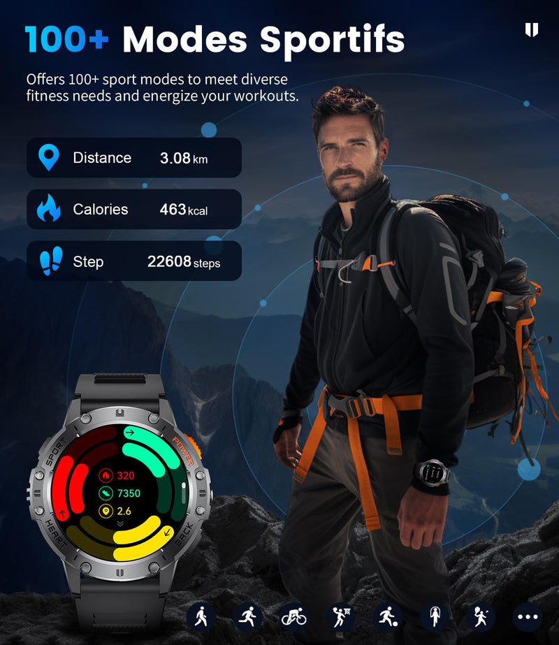 LIGE Military Smart Watch for Men with LED Flashlight, Bluetooth Call, 1.43" AMOLED Screen, 5ATM Waterproof Fitness Tracker, 530mAh Large Battery, 170+ Sport Modes, Compatible iOS Android, 3 Straps Black