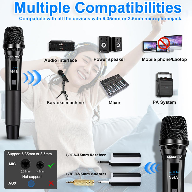 Wireless Rechargeable Metal Handheld UHF Karaoke Microphone, 160Ft Range, 2 Mics, 1 Receiver, 6-8Hrs Battery Life