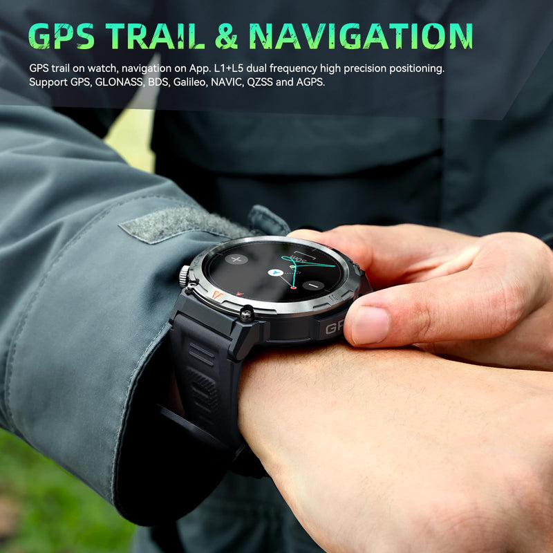 Military Smart Watches for Men Built-in GPS 3ATM Waterproof LED Flashlight | 1.45" Rugged Tactical Smartwatch with Compass/110+ Sports Modes Fitness Tracker with HR/SPO2/Sleep Monitor for iPhone Android Black orange