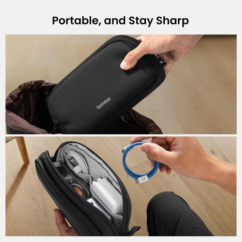 tomtoc Electronic Organizer Travel Case, Water Resistant Dual Compartment Tech Pouch Cable Organization Storage Bag for Charger, Cord, Phone, Hard Drive, Power Bank, Accessories Travel Essentials Black M
