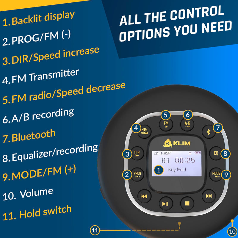 [AUSTRALIA] - KLIM Journey - Portable CD Player Walkman with Long-Lasting Battery - New - with Headphones - Radio FM - Compatible MP3 CD Player Portable - SD Card, FM Transmitter, Bluetooth - Ideal for Cars 