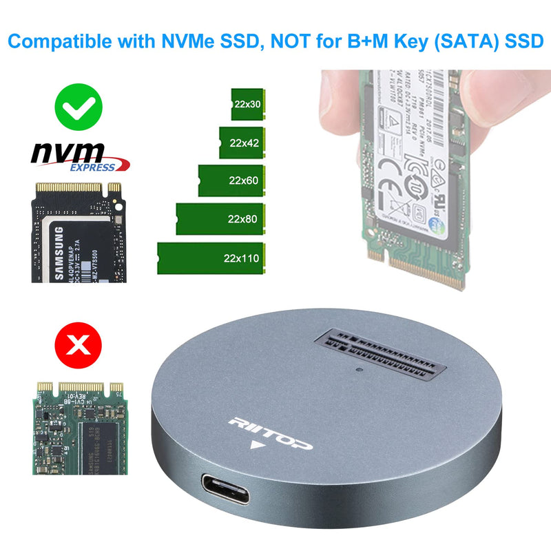 RIITOP NVMe to USB Docking Station, External M.2 PCI-e NVMe SSD to USB-C Reader Adapter for M.2 (M Key) NVMe SSD Gray