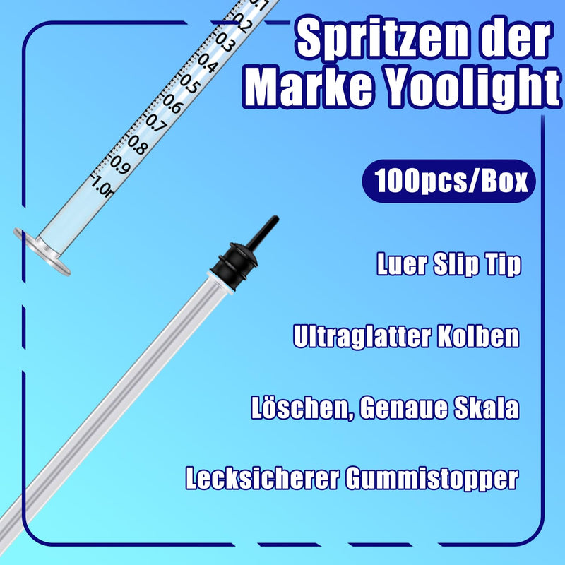 Pack of 100 1 ml plastic syringes with caps, 1 ml syringe for refilling and measuring liquids, scientific laboratories, pet feeding Pack of 100 - 1 ml