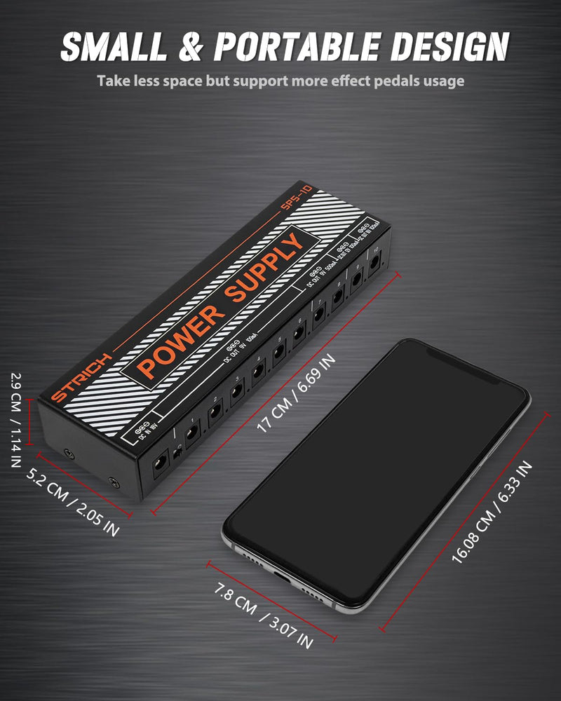STRICH Guitar Pedal Power Supply, 10 Isolated DC Output for 9V/12V/18V Effect Pedal, 100mA 500mA Pedalboard Power Supply with Short Circuit Protection, Noise Reduction Circuit Design, SPS-10