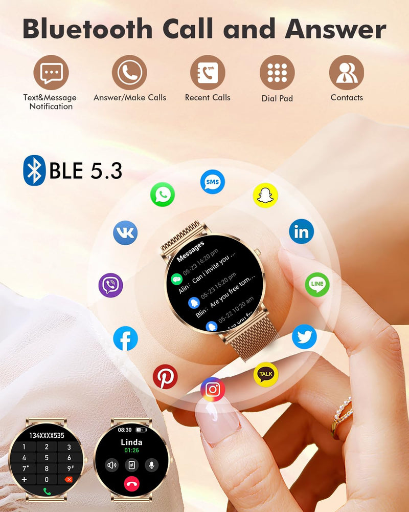 Ultra-thin Stainless Steel Smartwatch for Women Men 1.32'' Bluetooth | Full-touch Smart Watch, 24/7 Heart Rate & Sleep Monitor Digital Watch, IP68 Waterproof Fitness Tracker &100+ Sports(Rosegold) Rose Gold