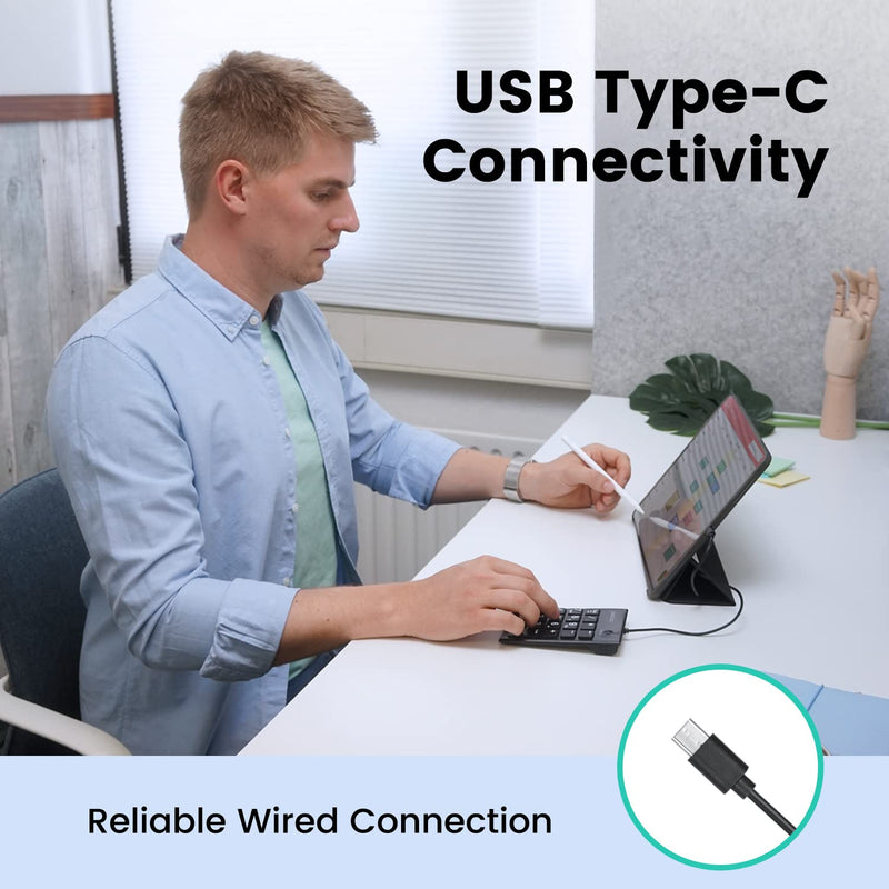 Perixx PERIPAD-202C Wired USB-C Slim Numeric Keypad - Scissor Keys with 2 USB-A Hubs and Tab Key - Compatible for Tablet, Laptop, & Desktop - Black USB type C with 2 Hubs