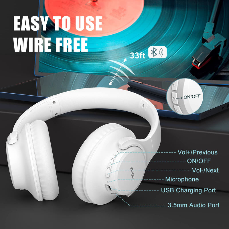 KVIDIO Bluetooth Headphones Over Ear, 65 Hours Playtime Wireless Headphones with Microphone, Foldable Lightweight Headset with Deep Bass, HiFi Stereo Sound Low Latency for Laptop PC Cellphone White