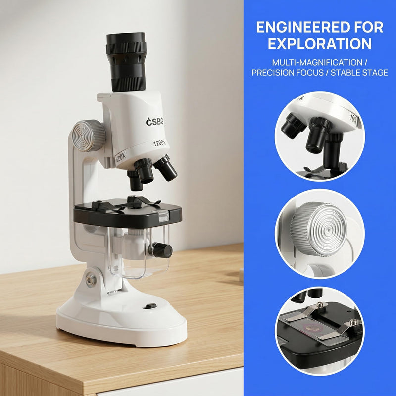[AUSTRALIA] - Kids Microscope Kit with LED Light - 100X/400X/1200X Magnification for STEM Learning, 12 Prepared Slides, Easy-to-Use Science Learning Kit (Ages 5-12) - White 