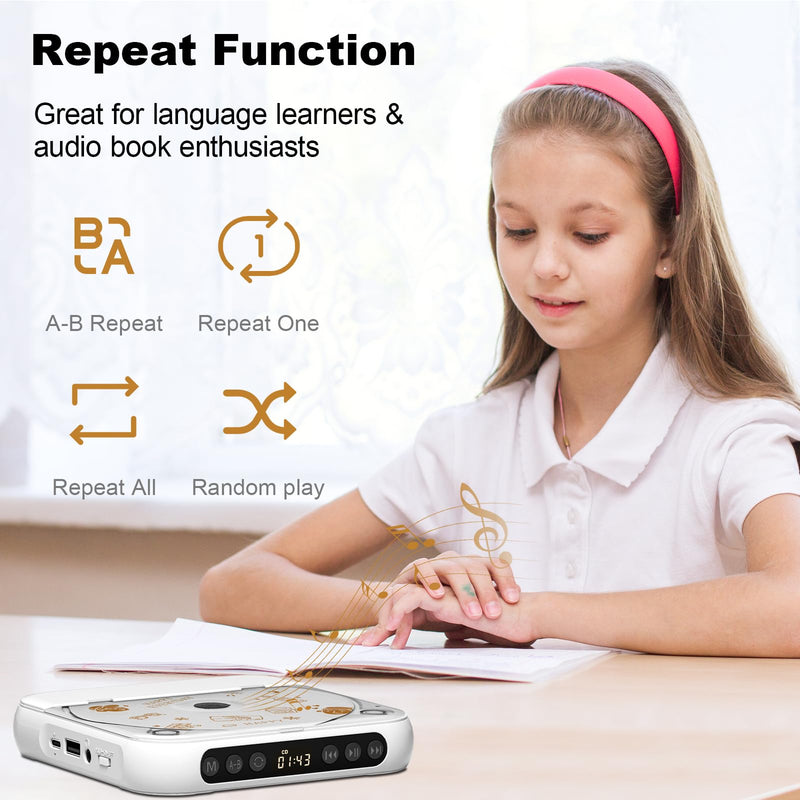 [AUSTRALIA] - Portable CD Player, Personal CD Player with Bluetooth for Home, Rechargeable Small CD Player with Headphones,Built-in HiFi Speakers, Support CD/AUX/USB, Anti-Skip/Shockproof 