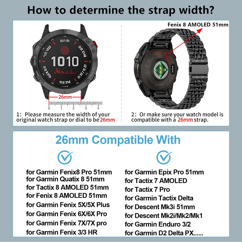 26mm Quickfit Metal Watch Band Compatible with Garmin Fenix 8/tactix 8 AMOLED-51mm/Fenix 7X pro/7X/6X Pro/6X/5X Plus/5X/3 HR/3,Stainless Steel Strap for quatix 8/epix Pro 51mm/Enduro 3 2/tactix 7 Pro black silver