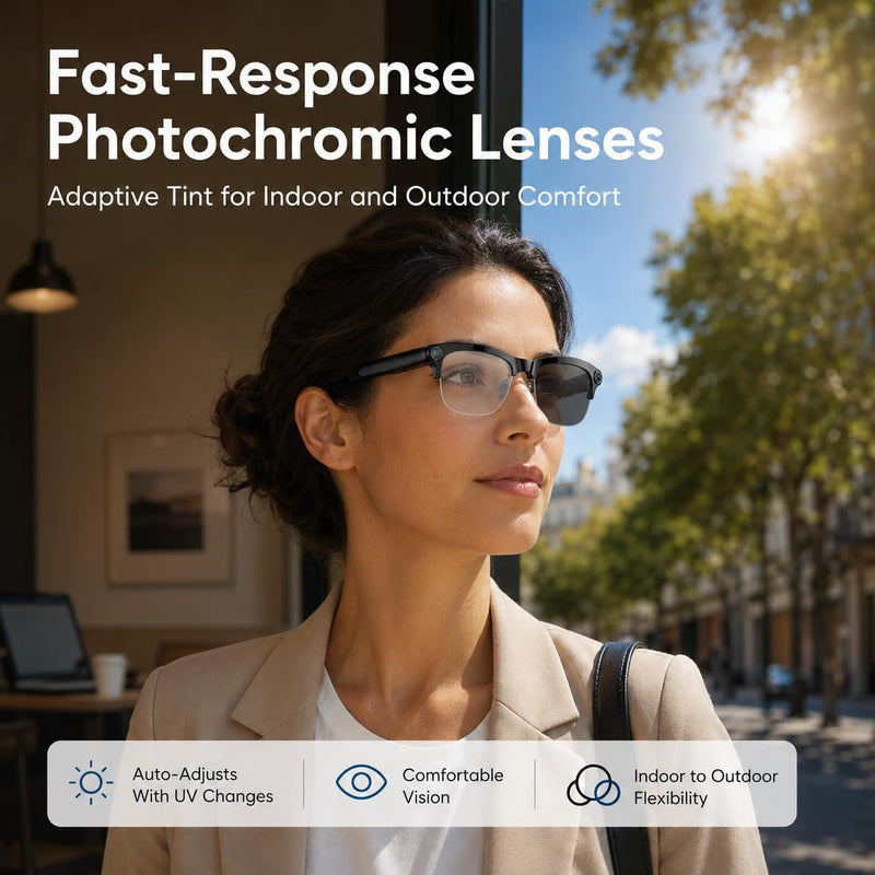 AI Smart Glasses with camera, Continuous AI Chat, 8MP Camera Glasses, 1080P Recording Glasses for Men Women,Hands-Free Music & Calls,Real-Time Translation,Ideal for Business Meetings,Travel,&Daily Use Photochromism
