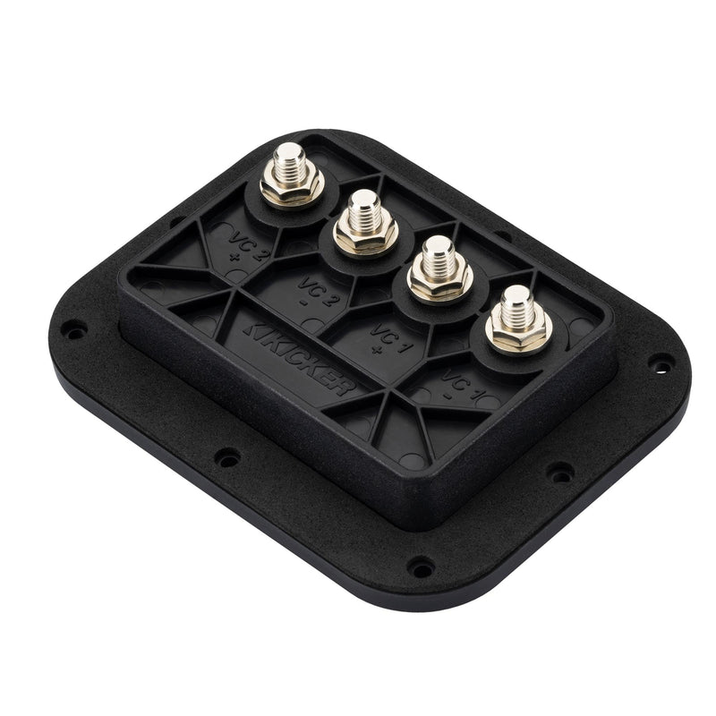 Kicker 49DTC Dual Terminal Cup | Twin connection points, flush-mount design, clean wire routing, made for custom bass box projects