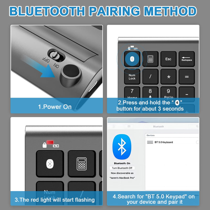 [AUSTRALIA] - Bluetooth Number Pad Wireless & Wired 10 Key USB Keypad Two in One, Rechargeable Numpad for Laptops, Desktop, Computers Accessories Compatible with MacBook iPads ChromeBook EliteBook Notebook etc. Metal Grey 