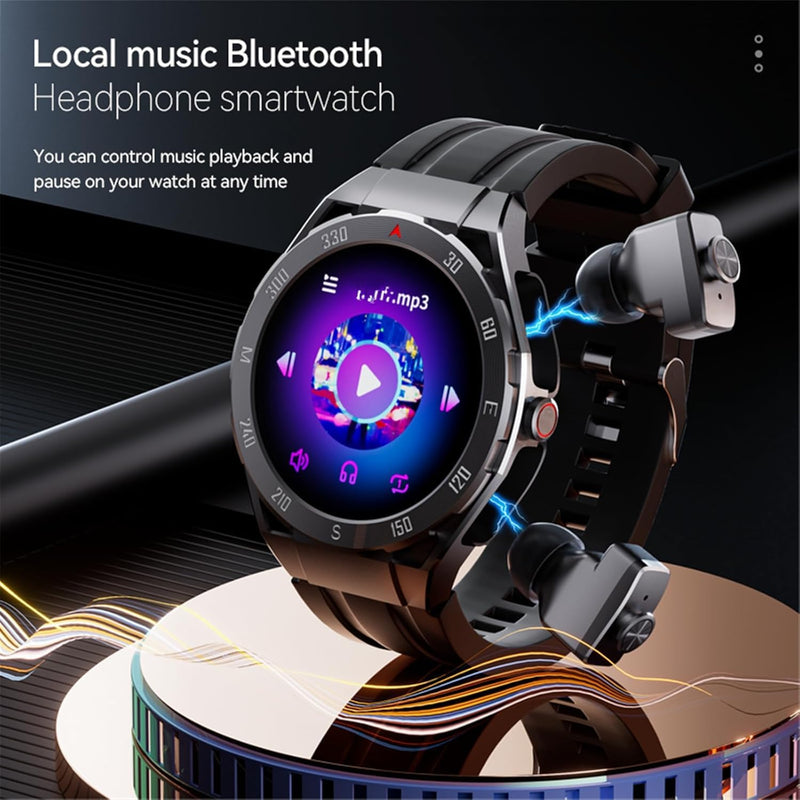 F33 Smart Watch with Earbuds 3 in 1 MP3 Bluetooth Headset 1.43 Inch Smartwatch Built-in Wireless Earbuds Speaker Round Fitness Tracker Body Health Monitor 512MB Memory Local Music Player (Black) Black