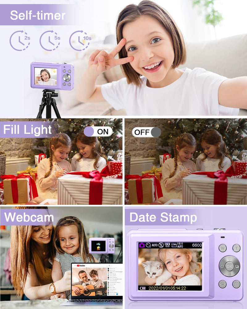 Digital Camera, FHD 1080P Kids Camera with 32GB Card, 2 Batteries, Lanyard, 44MP 16X Zoom Anti Shake, Compact Portable Point Shoot Mini Camera for Kids Teens Students Children Girls Boys(Purple) Purple