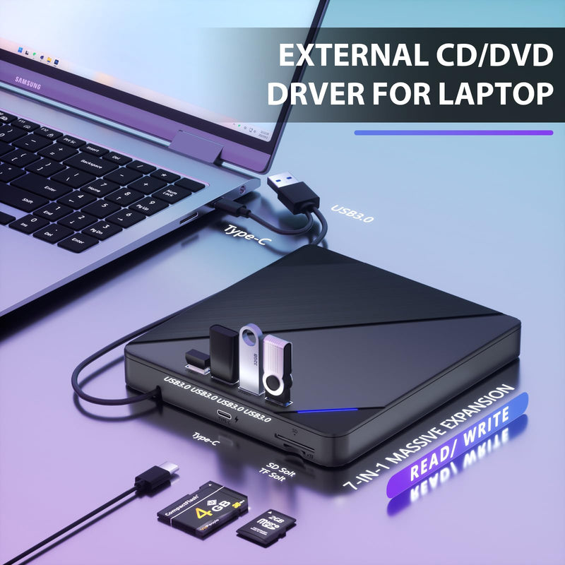 7 IN1External CD/DVD Drive for Laptop, CD Burner CD/DVD +/-RW Optical Drive, Slim Portable DVD CD ROM Rewriter Writer Duplicator for Laptop Desktop PC Windows 11/10/8/7 MacBook Mac Linux OS