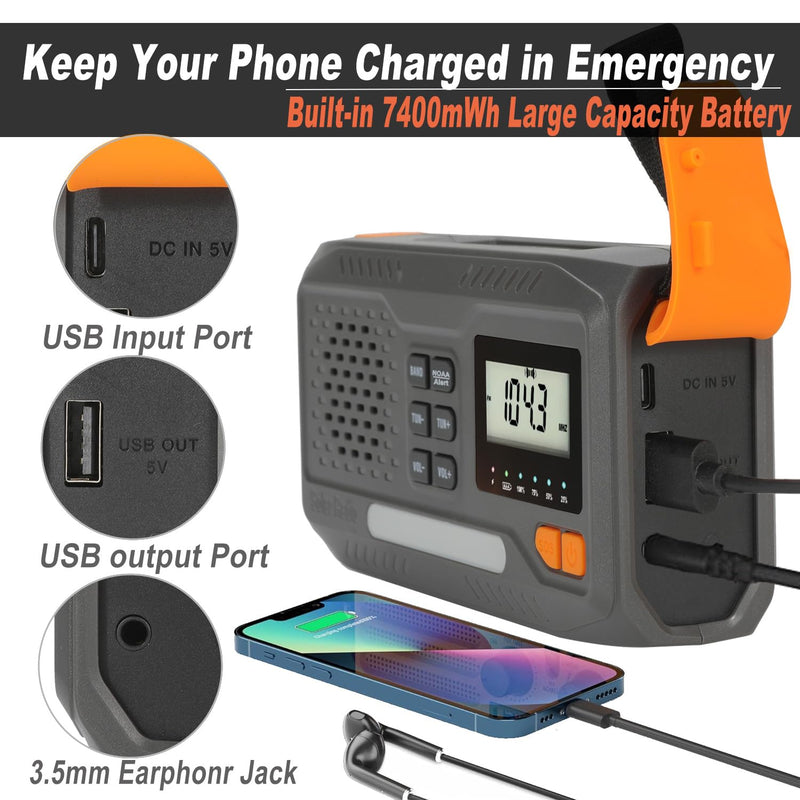 [AUSTRALIA] - 7400mWh Solar Hand Crank Emergency Weather Radio, NOAA/AM/FM Wind Up Radio with Flashlight, Cell Phone Charger, SOS Alarm, Digital Display for Hurricane Survival Camping Outdoor 