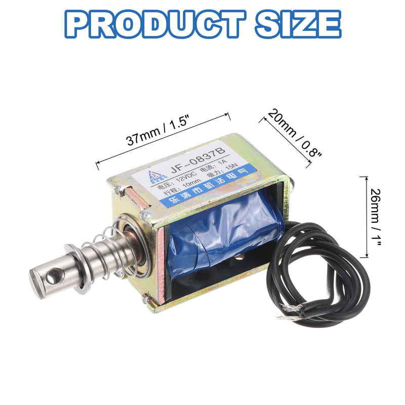 QUARKZMAN DC 12V 1A Solenoid Electromagnet Push Type 15N 10 mm Hub Electromagnetic Actuator Open Frame Linear Motion JF-0837B Magnet Electromagnet, Black Cable