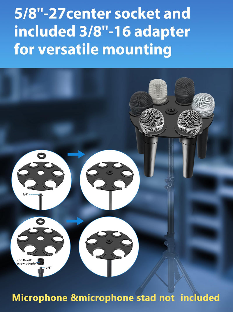 Multi-Mic Holder Up to 6 Mics (Aluminum/Rubber Padding) for Handheld Dynamic, Wired & Wireless Mics, Mic Stand Organizer, Mounts to 5/8"-27 or 3/8"-16 Threaded Stands