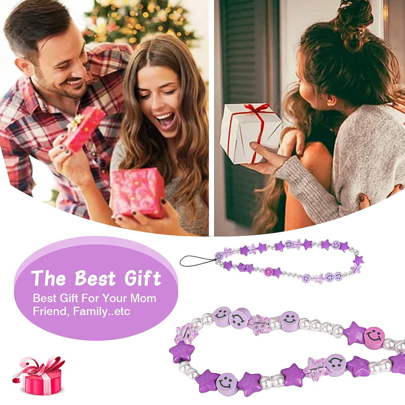 Phone Charm Lanyard, 1Pcs Smiley Face Beaded Phone Charm Strap Colorful Star Smiley Soft Ceramic Keychain for Women Girls Purple
