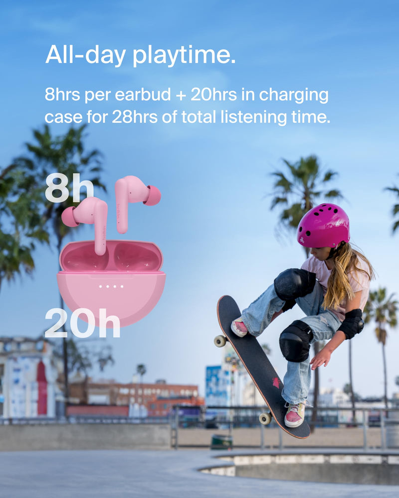 Belkin SoundForm Nano 2 Kids True Wireless Earbuds | In-ear Bluetooth earbuds for kids ages 7+, 85dB volume limiter, IPX5, ENC, touch controls, school, travel Pink