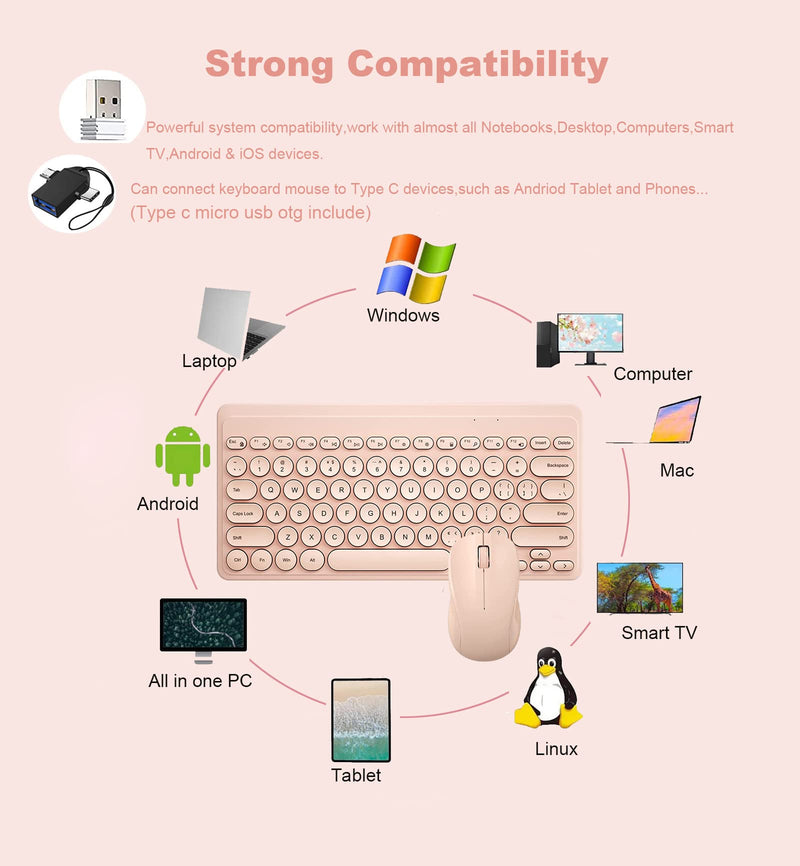 Compact Keyboard MouseCombo,JieruiDeng 79-Key Retro Mini Cute Computer Keyboard 2.4G USB Wireless and Silent Mice Set for Laptop Desktop PC iPad (Pink) Pink