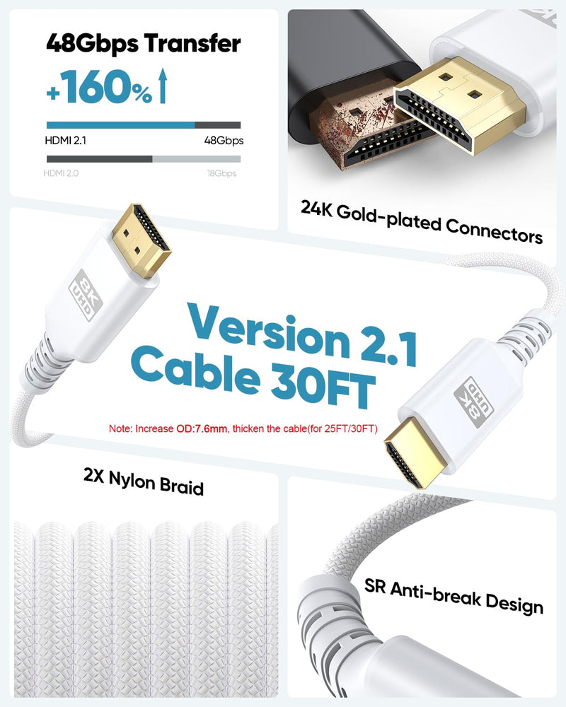 8K White HDMI Cable 30 FT, Long HDMI 2.1 Cable 30FT Ultra High Speed | eARC Braided HDMI Cord with 8K@60Hz, 4K@120Hz, HDR10+, Dolby, 3D, HDCP2.3 for Laptop/Monitor/HDTV/Soundbar/Blu-ray/PS5/Xbox 1