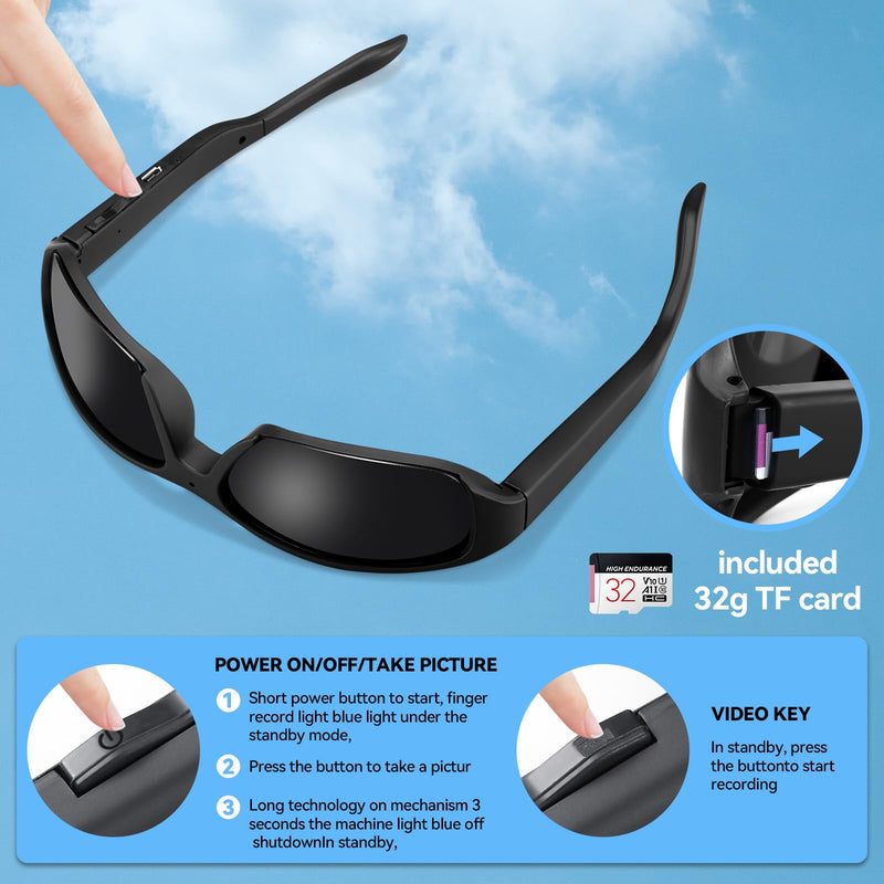 Smart Video 1080p Camera Glasses for Men - Outdoor HD UV Protective Polarized Lenses Recording Sunglasses for Cycling Sports, Traveling, Driving (Include 32G Memory Card)