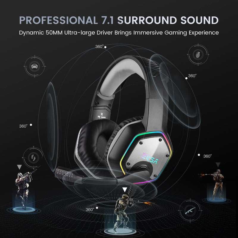 [AUSTRALIA] - EKSA E1000 USB Gaming Headset for PC, Computer Headphones with Microphone/Mic Noise Cancelling, 7.1 Surround Sound, RGB Light - Wired Headphones for PS4, PS5 Console, Laptop, Call Center Grey 