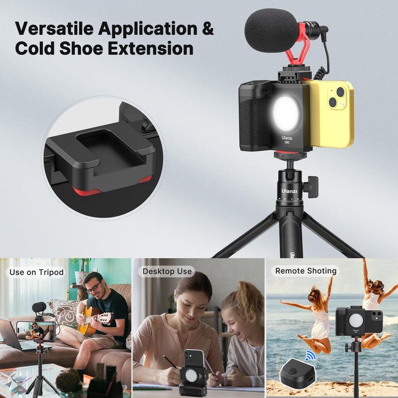 CG-02 Grip Holder for Smartphone Upgraded Phone Camera Grip w Remote Shutter Handheld Tripod Mount Fill Light Handheld Photography Accessories Compatible with iPhone 17 16 15 14 Pro Max etc CG02