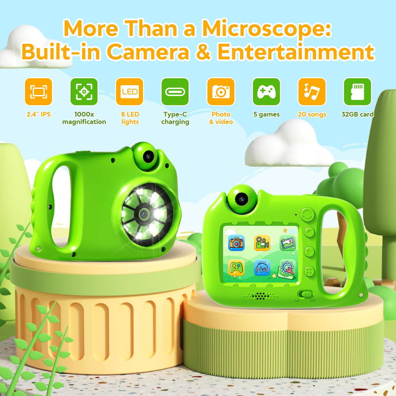 [AUSTRALIA] - Microscope for Kids, 1000X Handheld Digital Microscope with 2.4" IPS Screen, USB-C Rechargeable, Photos & Videos, Built-in Games & Songs, 32GB Card, Kids Microscope Gift for Boys Girls Ages 5-12 