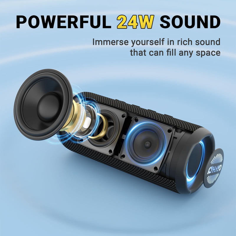 [AUSTRALIA] - OHAYO Portable Bluetooth Speaker, IPX7 Waterproof Wireless Speaker with 24W Loud Stereo Sound, Active Extra Bass, Bluetooth 5.3, RGB Lights, Dual Pairing, Up to 30H Playtime for Home, Outdoor, Party Black 