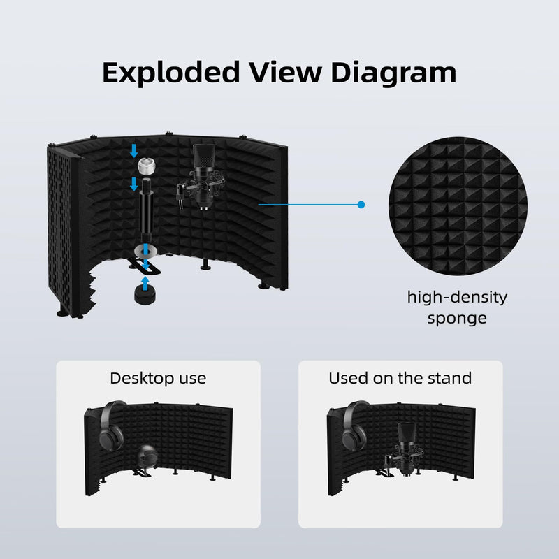 Microphone Isolation Shield – Foldable & Adjustable Soundproof Panel for Recording, Podcasting, Vocal Booth, Studio & Home Use (Five sides without stand) Five sides without stand