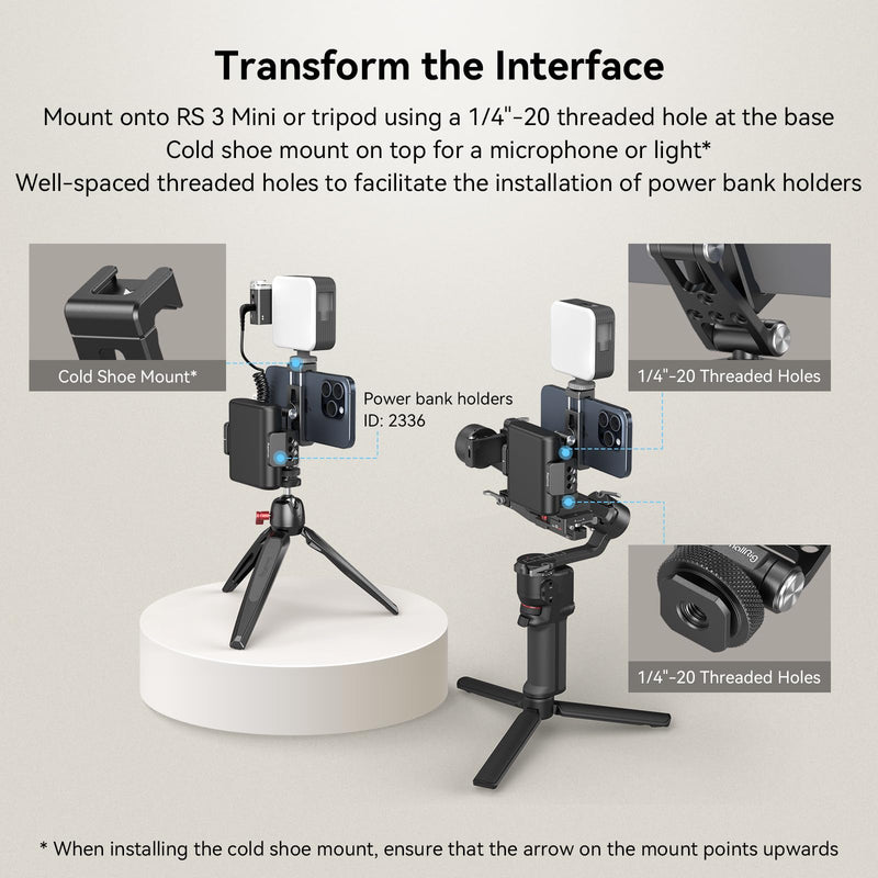 SmallRig Phone Support for DJI Stabilizers, Adjustment Phone Mount Adapter with 1/4"-20 Threaded Hole, Cold Shoe for DJI RS 4 Mini/RS 4 Pro/RS 3 /RS 3 Pro/RS 3 Mini/RS 2 / RS C2 / R S/R SC - 4301 with Cold Shoe Mount