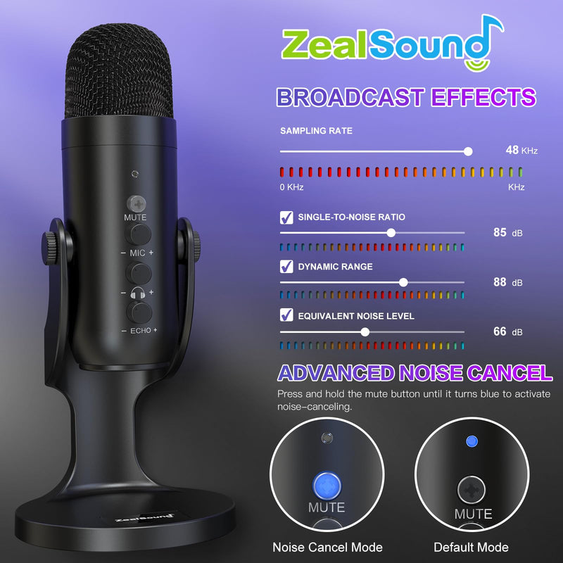 ZealSound USB Microphone,Condenser Computer PC Mic,Plug&Play Gaming Microphones for PS 4&5.Headphone Output&Volume Control,Mic Gain Control,Mute Button Vocal,YouTube Podcast on Mac&Windows(Black) Black