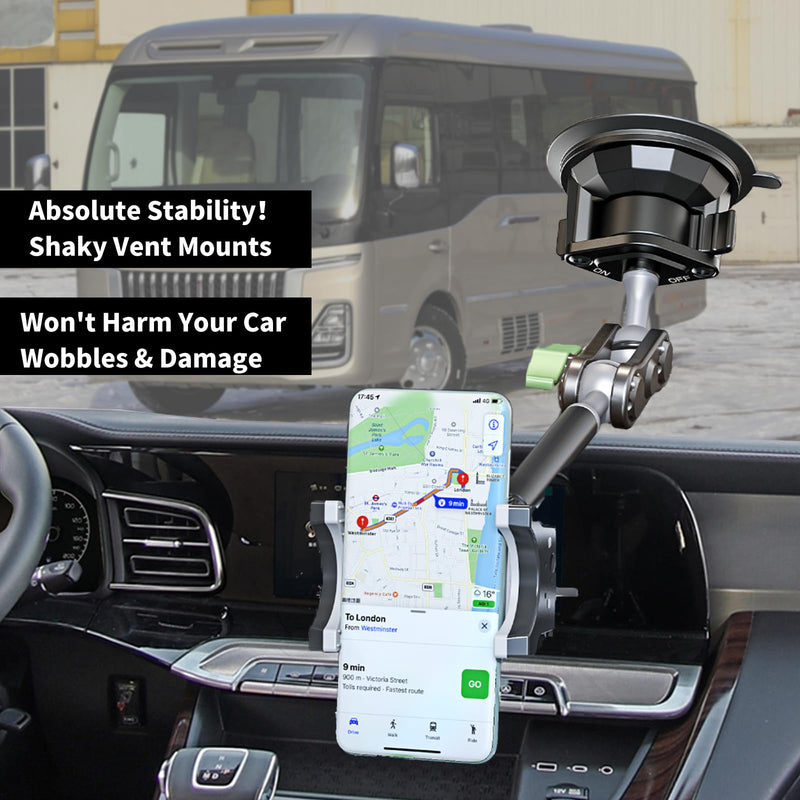 Car Phone Holder-Phone Mount for Car Windshield & Truck-Holder with 360° Rotating Metal Arm-Mount with Super Stable Suction Cup for All Vehicles Extended