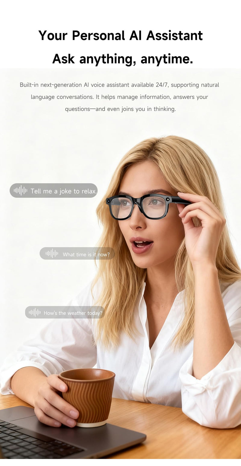AI Smart Glasses with 4K EIS Anti-Shake Camera, Real-Time Multi-Language Translator Open-Ear Bluetooth Audio Hands-Free Recording Glasses for Travel Vlogging Business Meetings (Black(GS-98)) Black(GS-98)