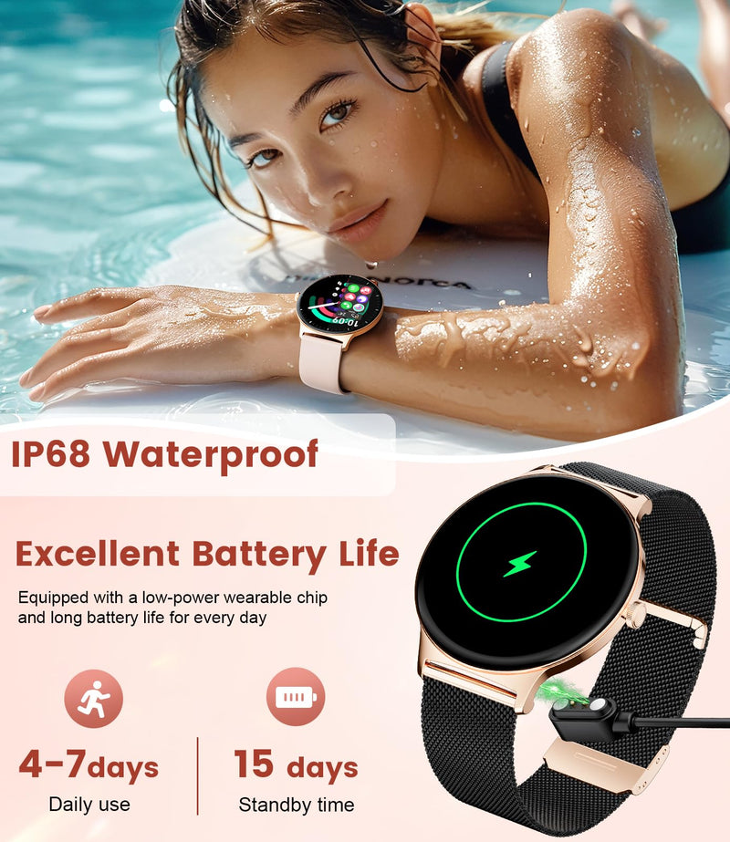LIGE Smart Watch for Women(Dial/Answer Calls), 1.43" AMOLED HD Display, 100+ Sport Mode Fitness Tracker, 5ATM Waterproof/IP68/Sleep Smartwatch Womens, Ladies Smart Watches for iOS Android (Black Gold) Black Gold
