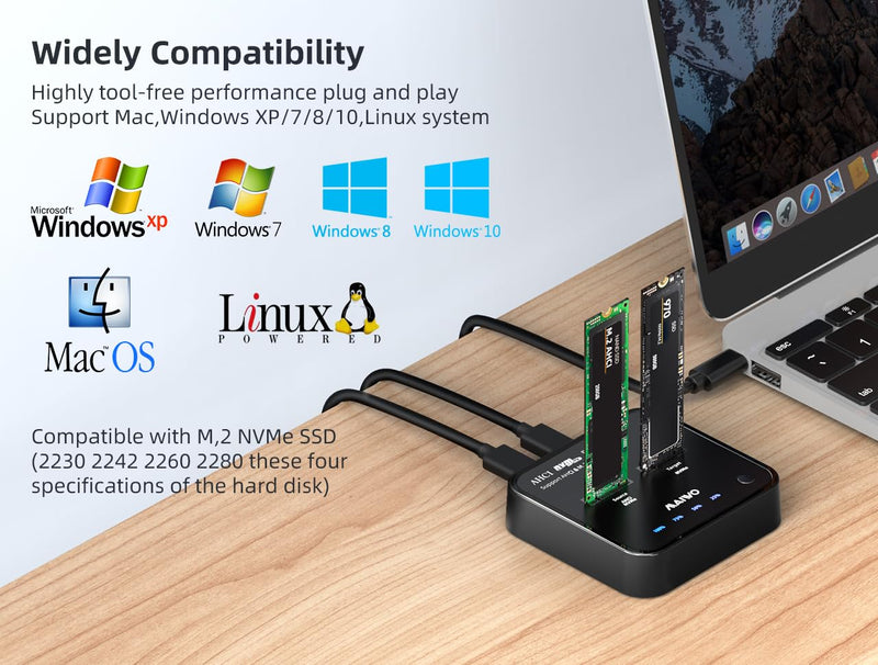 MAIWO Dual Bay M.2 NVMe Duplicator Cloner Dock, Support Max 2 x 4TB 20Gbps AHCI to NVMe Clone, PCIe SSD Read&Write&Clone for 2230/2242/2260/2280/22110 SSDs NVMe SSD Dock & Cloner 20Gbps
