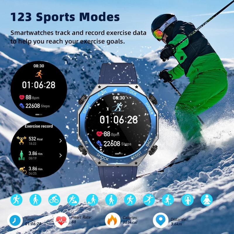 Rogbid Military Smart Watch for Men (Answer/Make Call) 1.45" AMOLED 680mAH IP69 Waterproof Smartwatch for iOS Android Phones Fitness Tracker Watch Heart Rate Blood Pressure Sleep Monitoring Blue