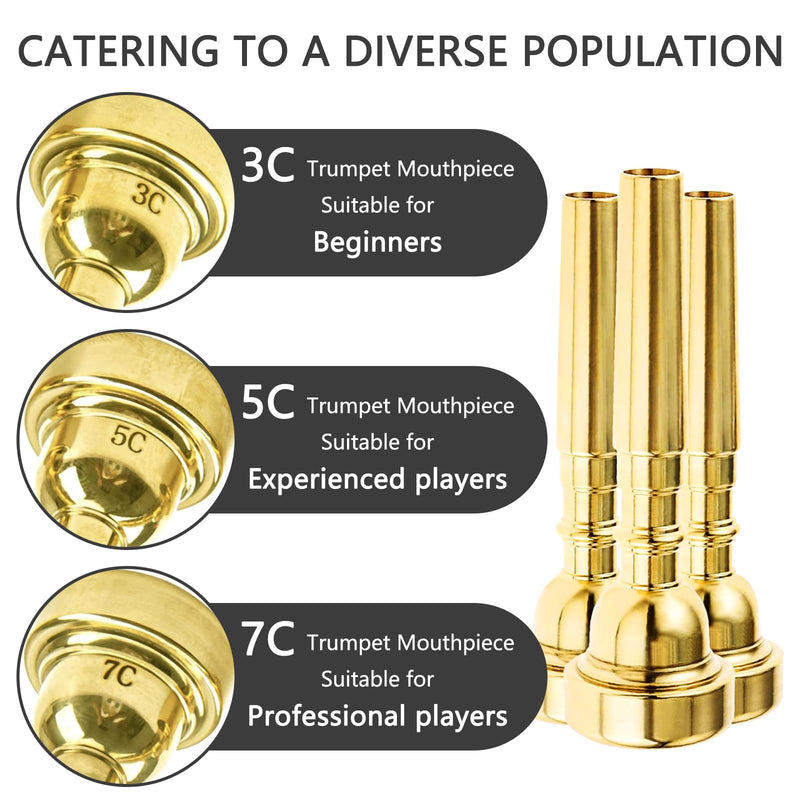 3 Packs Gold Trumpet Mouthpiece Set Pure Copper Mouthpieces, Labor-Saving Replacement Accessories for Beginners and Students (3C, 5C, 7C)