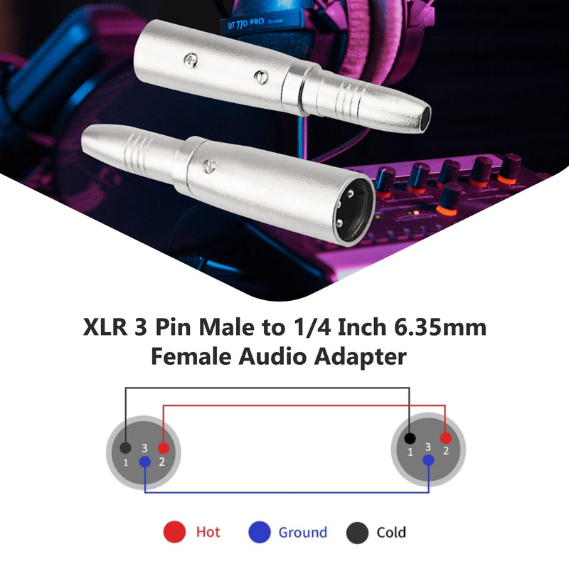 2PCS XLR Male to 1/4 Inch 6.35mm Female Adapter, 3-Pin XLR Male to Quarter Inch Female Jack Socket Audio Adapters Compatible with Microphone, Stereo, Mixer XLRM to 1/4" 6.35mm Female